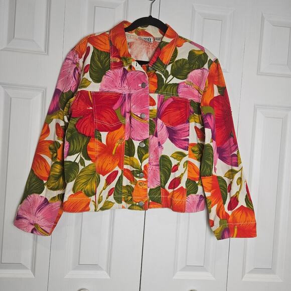Chico’s Design Size 2 Large Floral Tropical Pink & Orange Denim Beading Jacket - Picture 1 of 8